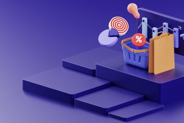 a purple background with a basket of items and a target